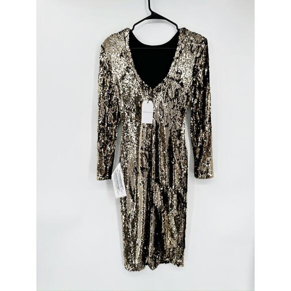 Dress the Population Natalie Gold Sequined Long Sleeve Sheath Dress Size Small - Picture 4 of 8